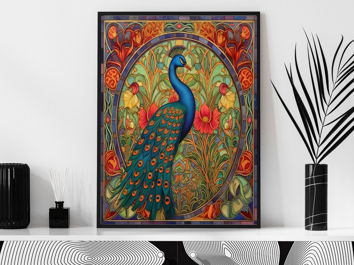 Blue Peacock With Red Blooms Stained Glass Style Scene Wall Art - Image 4