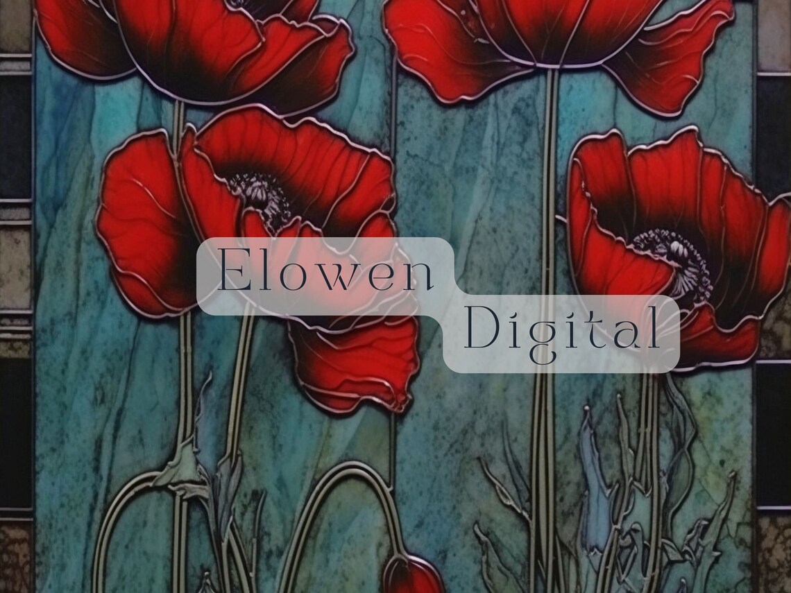Vivid Art Nouveau Red Poppies Teal Stained Glass Botanical Poster - Image 3