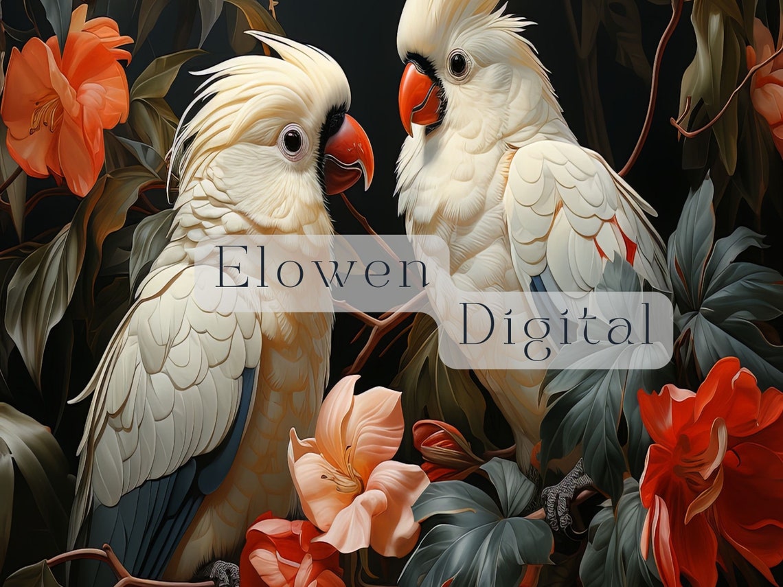 Two White Cockatoos Face To Face Among Bright Tropical Blooms Wall Art - Image 4