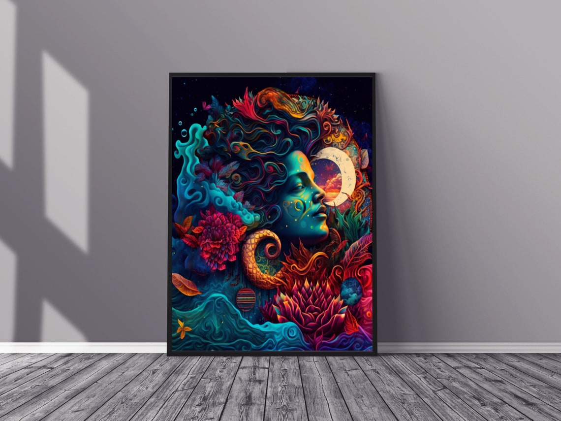 Gaia Earth Goddess Portrait with Moon and Ocean Waves Cosmic Poster - Image 2