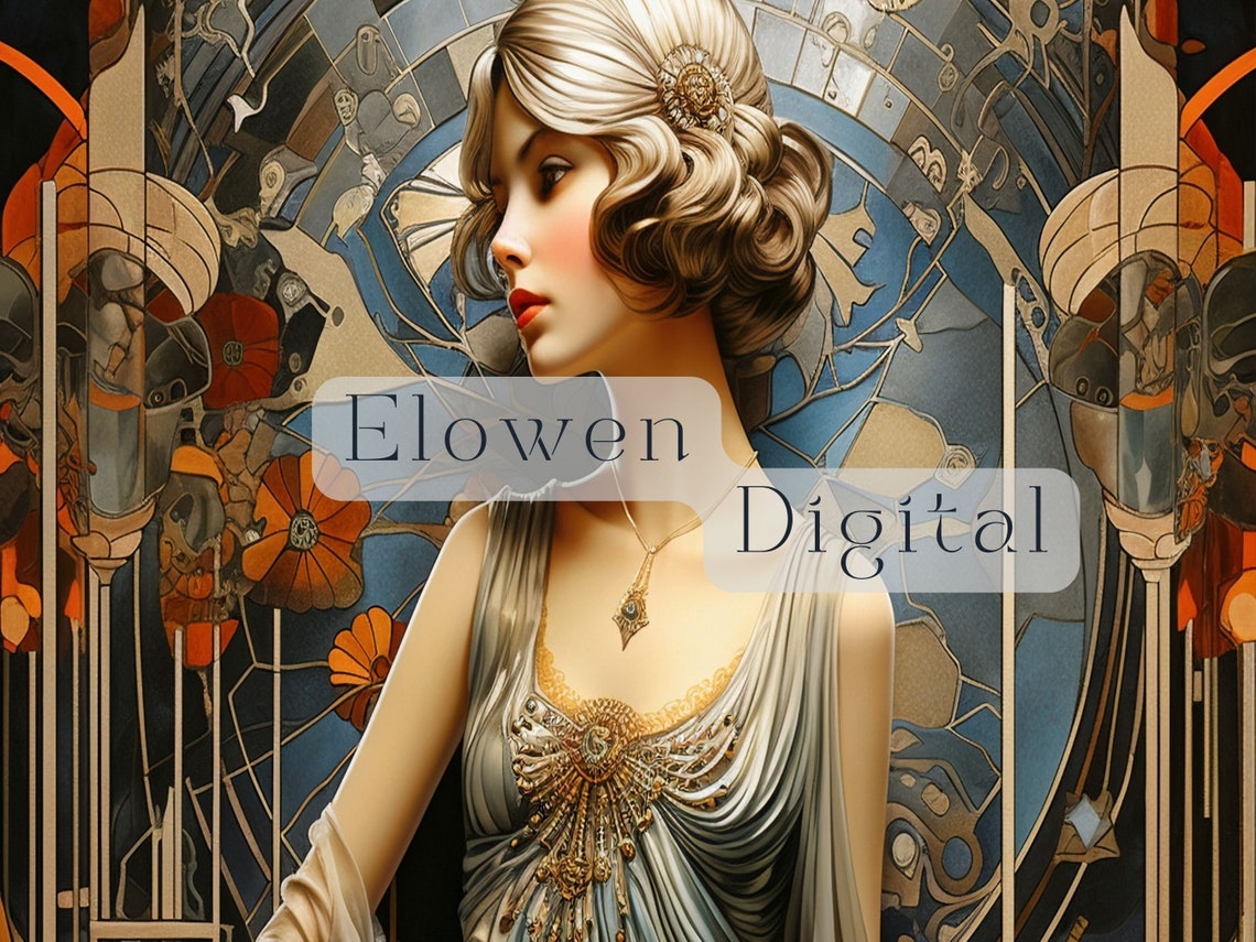 Elegant Woman In Silver Blue Gown Geometric Art Deco Backdrop Print - Image 3