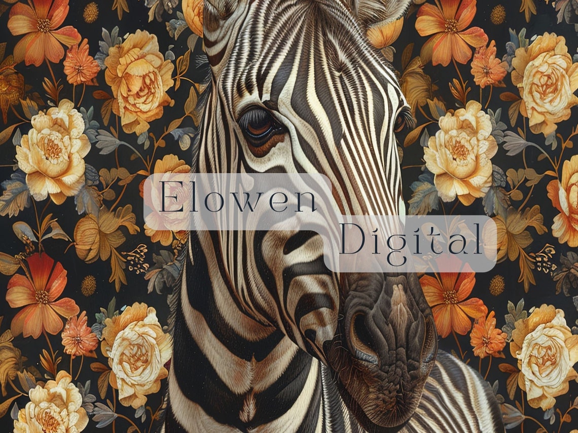 Zebra Portrait Against Dark William Morris Floral Backdrop Poster - Image 4