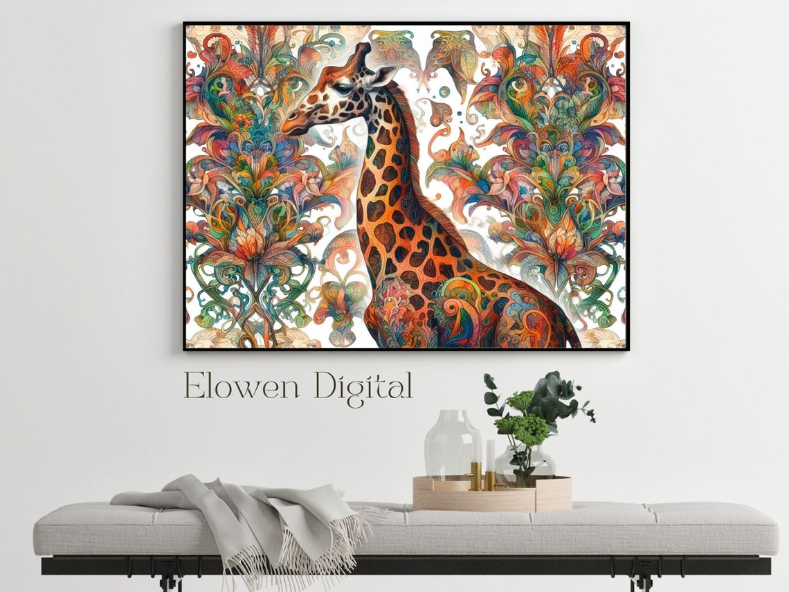 Giraffe Portrait with Vibrant Rainbow Paisley Floral Background Poster