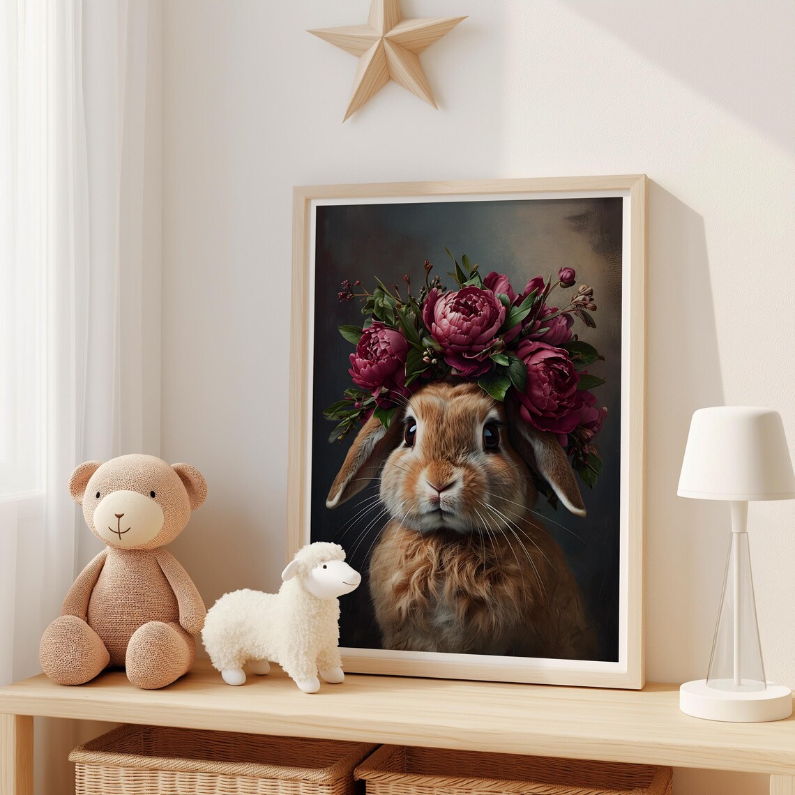 Bunny Rabbit with Pink Flower Crown Boho Nursery Wall Poster - Image 2