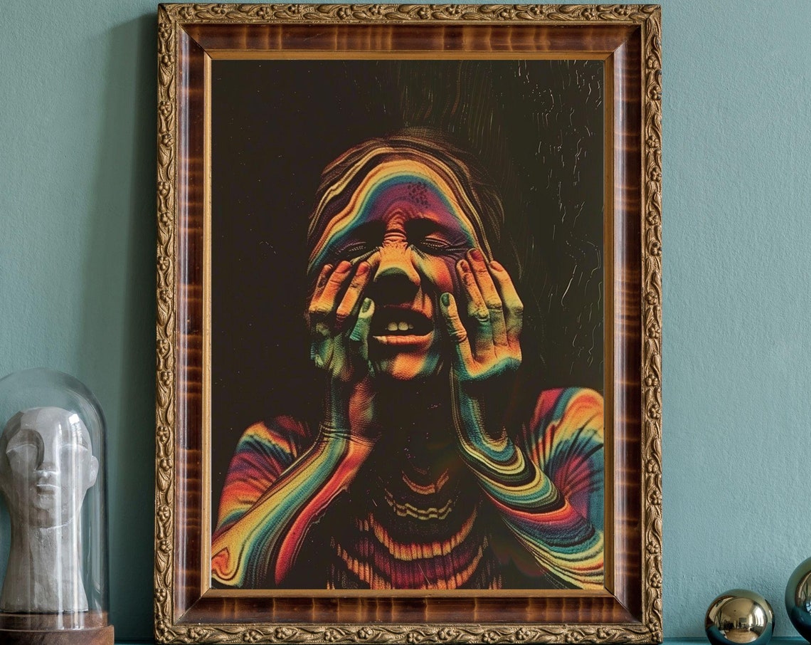 Psychedelic Rainbow Portrait Woman Hands On Face Color Melt Poster