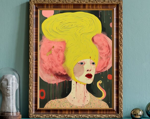 Surreal Woman Portrait Yellow Crescent Hair Pink Clouds Dripping Art Print