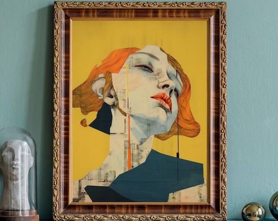 Collage Woman Face Mustard Yellow Modern Abstract Portrait Art Poster
