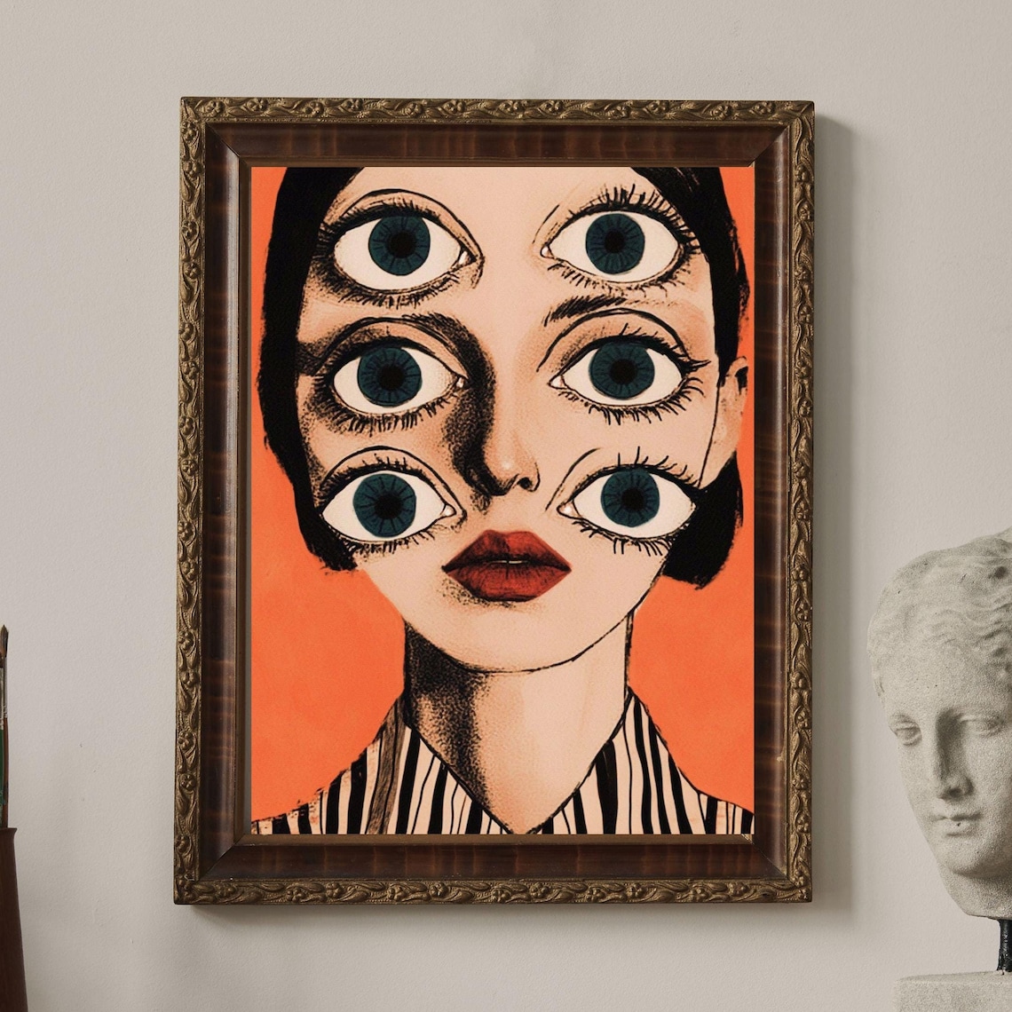 Weird Surreal Six Eyed Woman Portrait Bold Orange Pop Art Poster