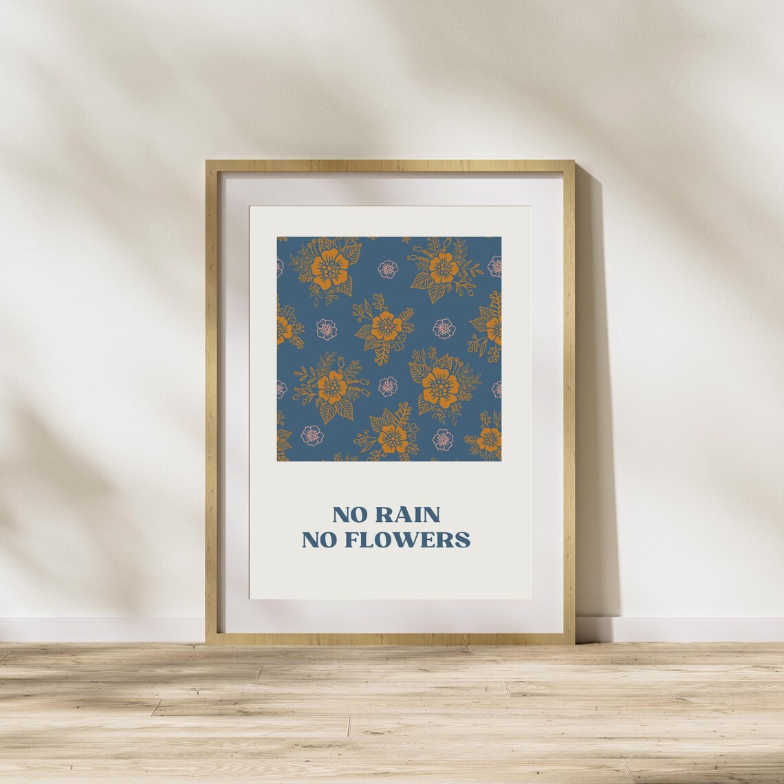 No Rain No Flowers Quote Navy Gold Floral Pattern Encouragement Poster - Image 2