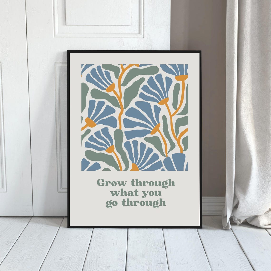 Grow Through What You Go Through Blue Orange Abstract Floral Poster - Image 5