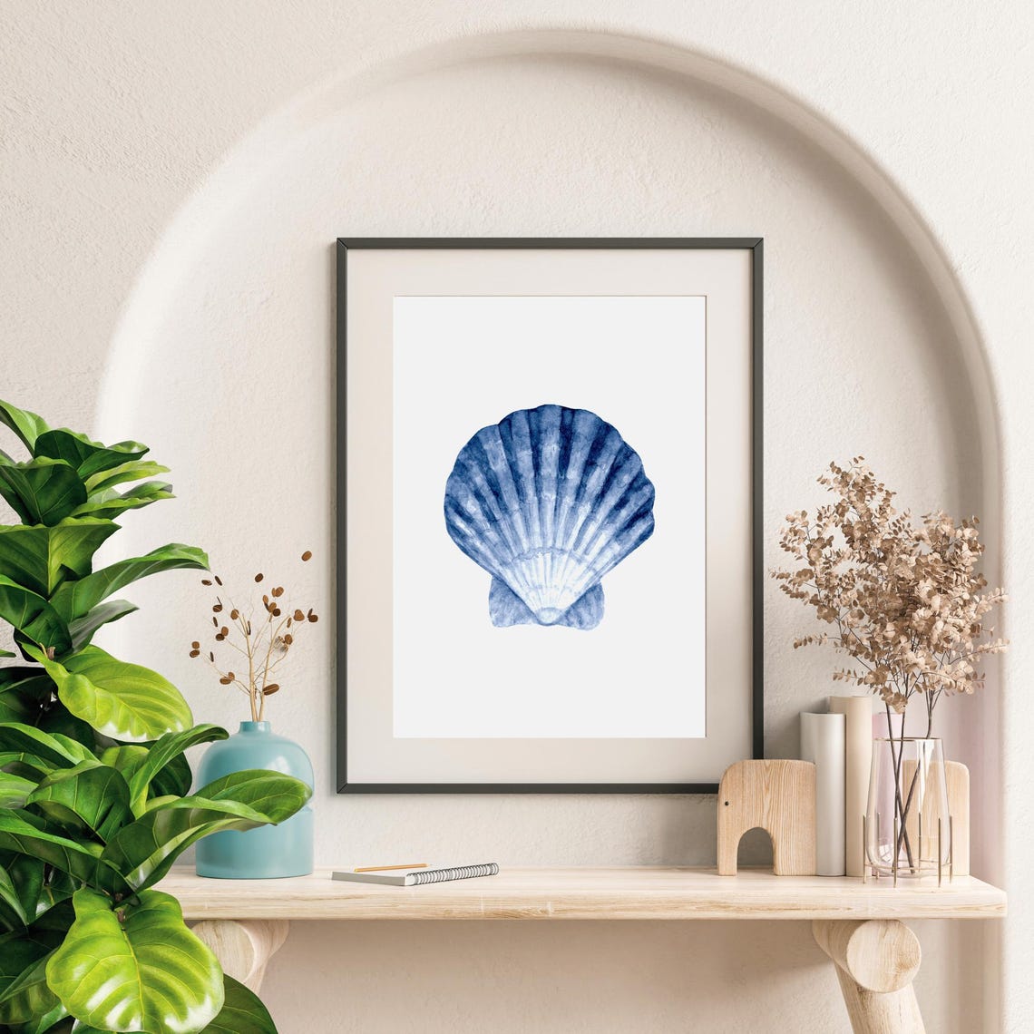Blue Scallop Shell Watercolor Coastal Beach Minimalist Wall Art - Image 2