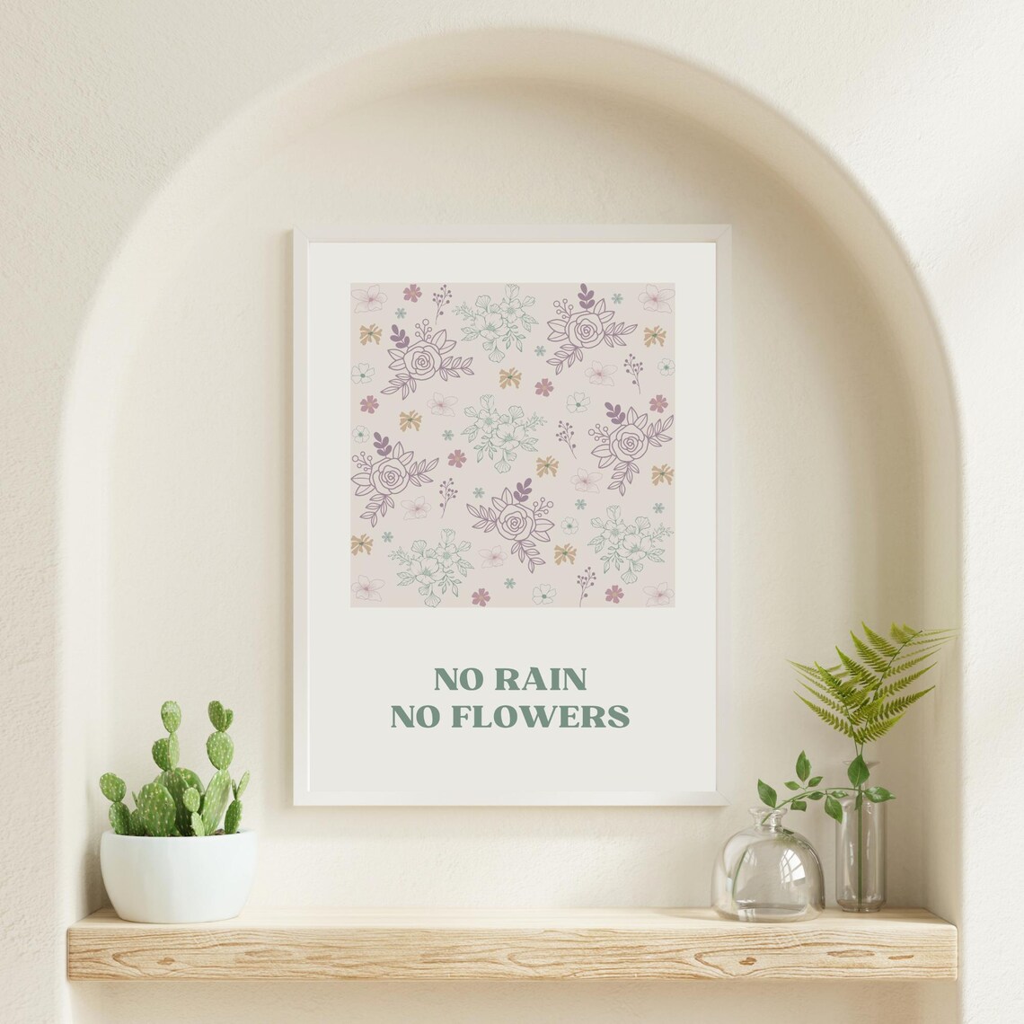 No Rain No Flowers Quote Pastel Floral Line Art Inspirational Poster - Image 5