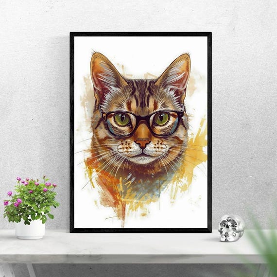 Glasses Cat Wall Art Modern 300 Dpi Illustration For Home Decor