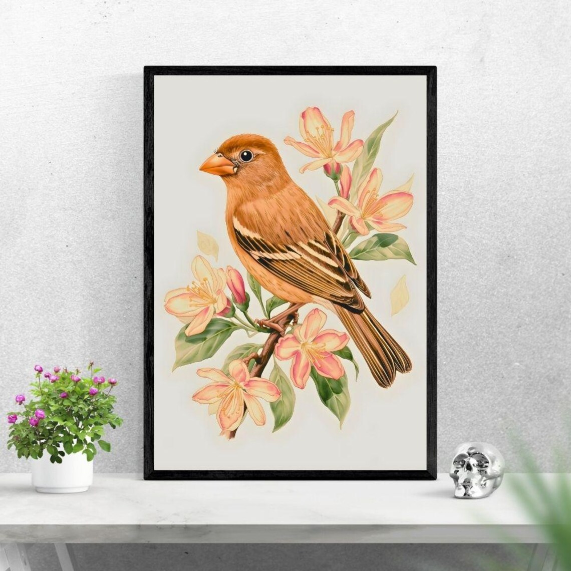Orange Finch Bird with Blossom Flowers Vintage Wall Art Decor