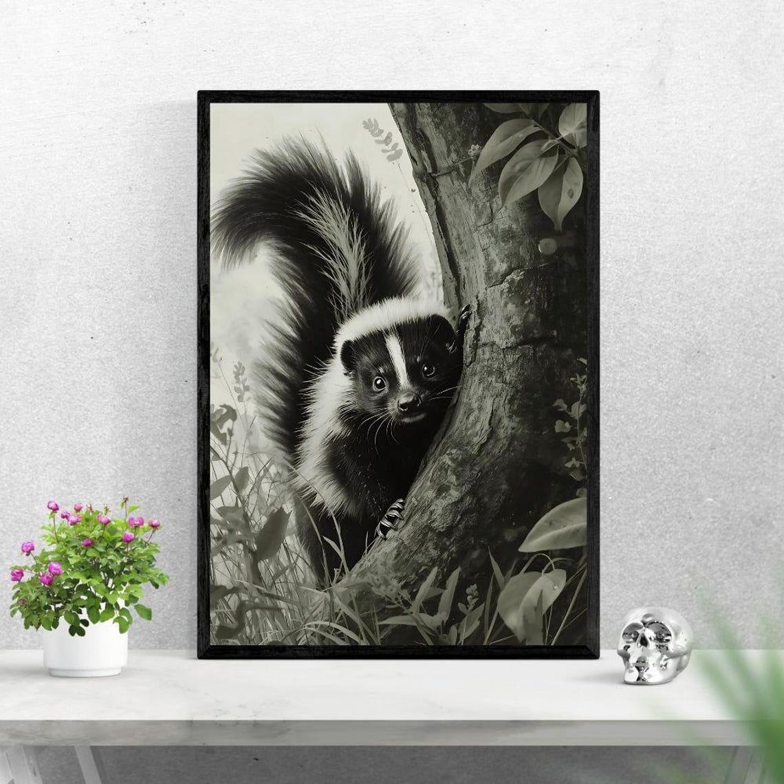 Black And White Skunk Peeking Around A Tree Monochrome Wildlife Print