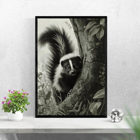 Black And White Skunk Peeking Around A Tree Monochrome Wildlife Print