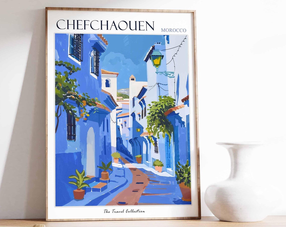 Chefchaouen Poster Morocco Travel Print Moroccan Decor Africa Travel Poster African Wall Art City Print Chefchaouen Travel Poster