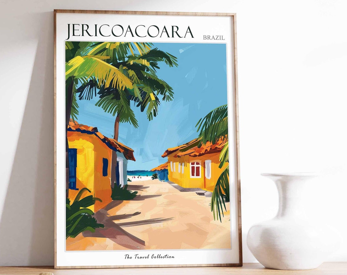 Jericoacoara Brazil Sandy Lane Yellow Houses Palm Tree Art Poster