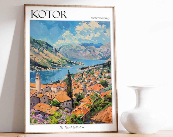 Kotor Montenegro Bay Old Town Orange Roofs Scenic Travel Poster
