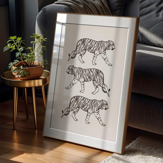Three Black Line Art Tigers Minimalist Walking Tiger Study Poster