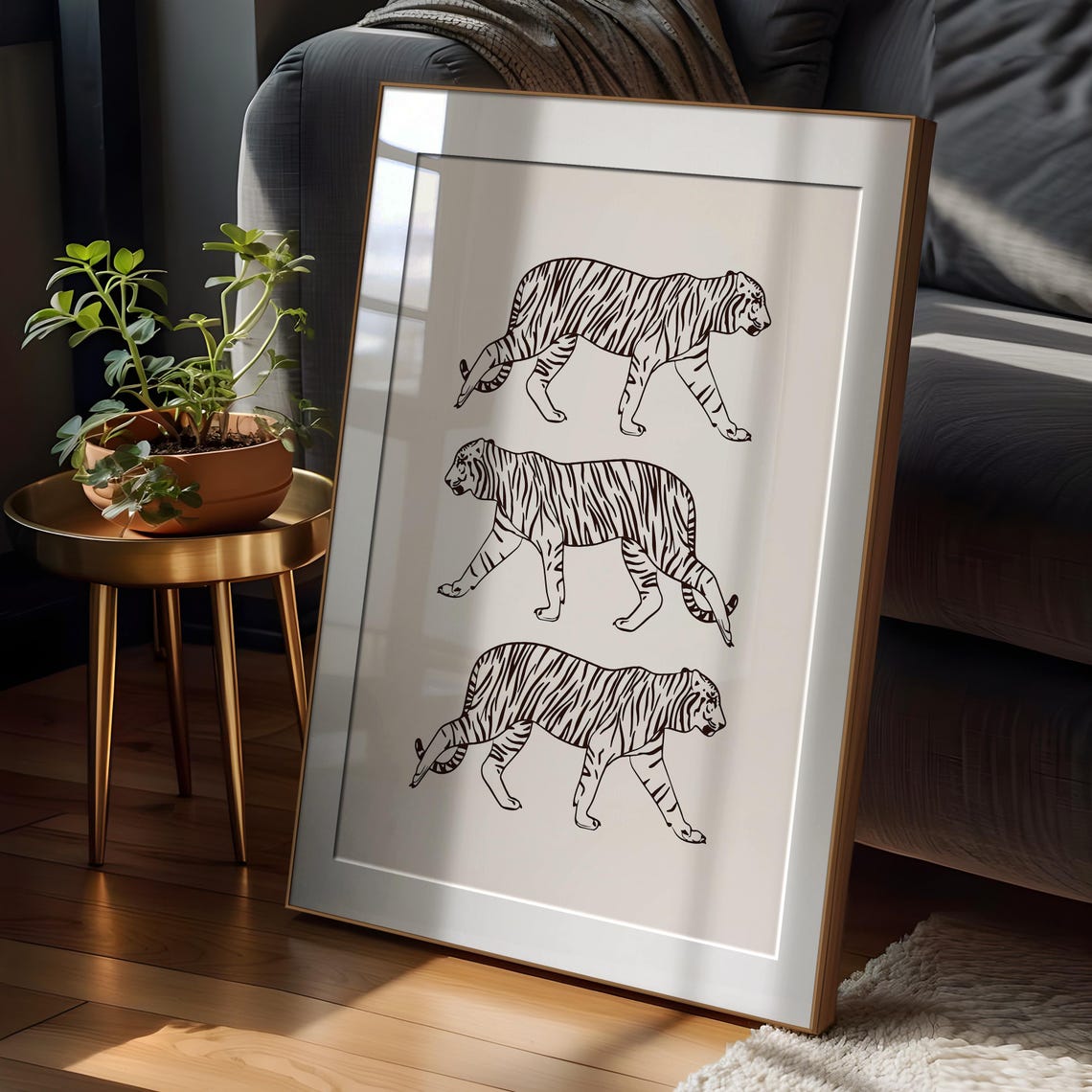 Three Black Line Art Tigers Minimalist Walking Tiger Study Poster