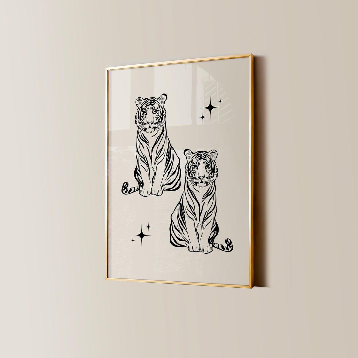 Two Tigers Black Line Art Poster with Sparkles Maximalist Decor - Image 4