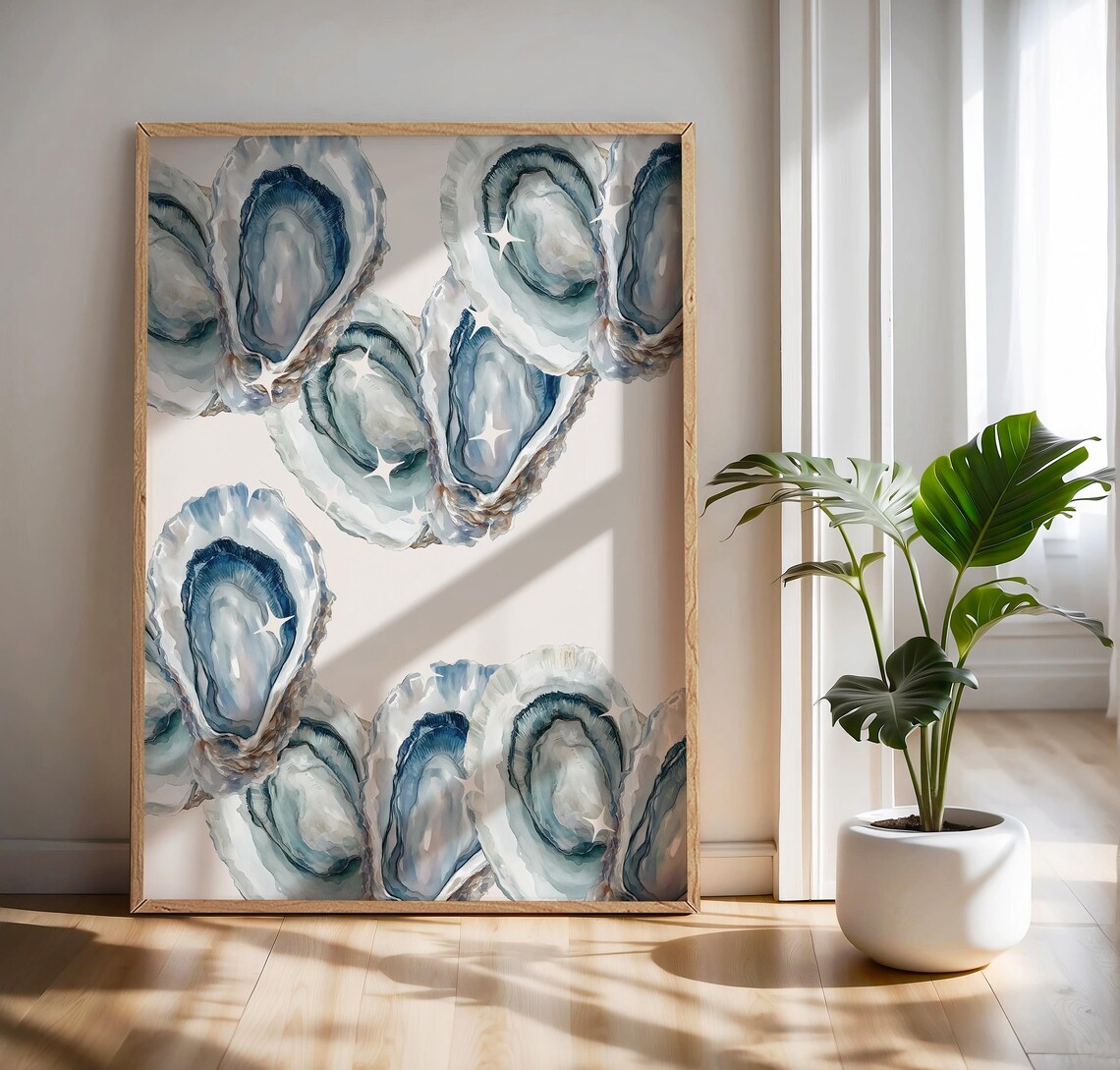 Blue Oyster Aesthetic Coastal Beach Art Print - Image 3