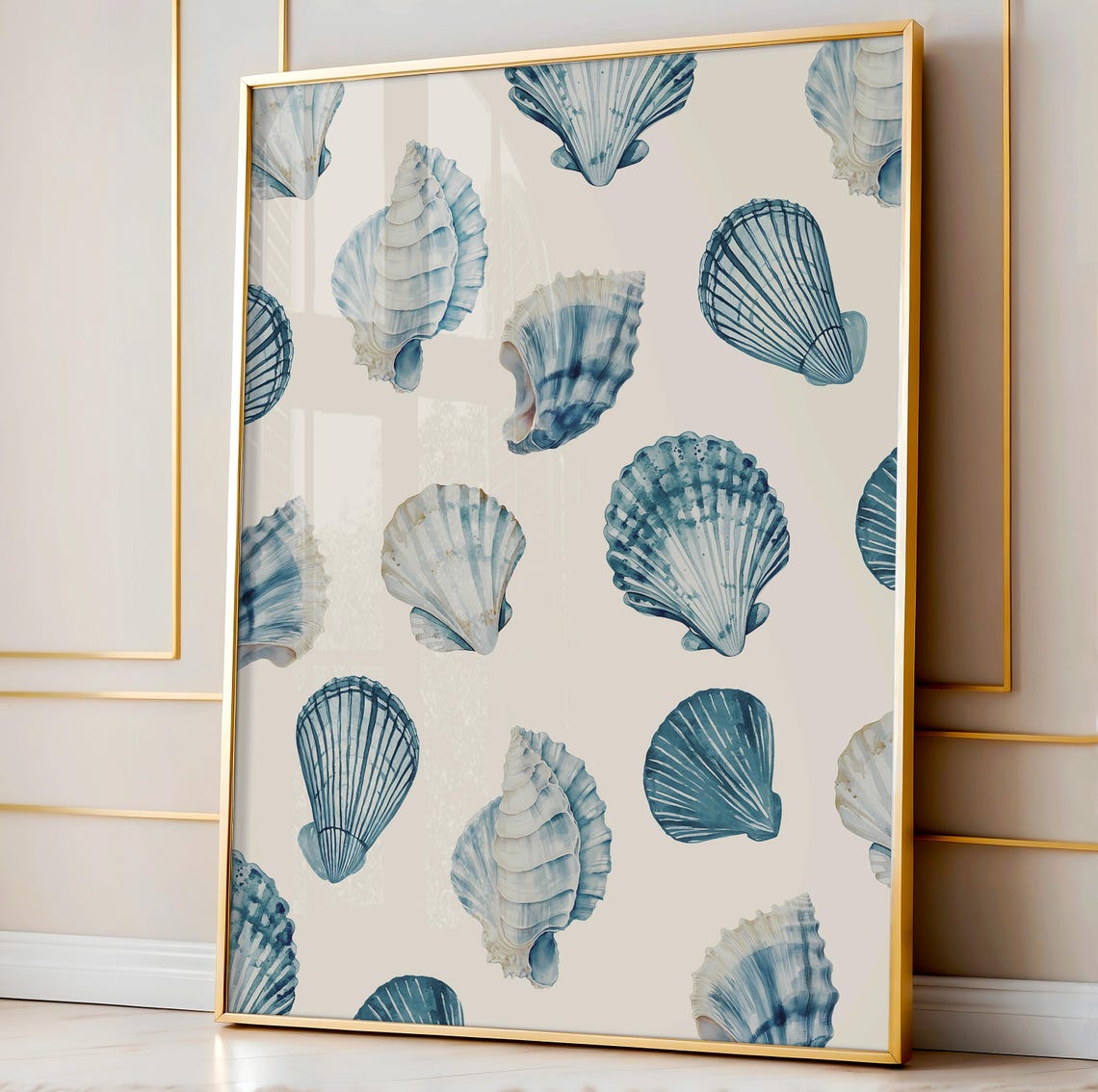 Blue Watercolor Seashell Pattern Coastal Beach House Wall Art - Image 3