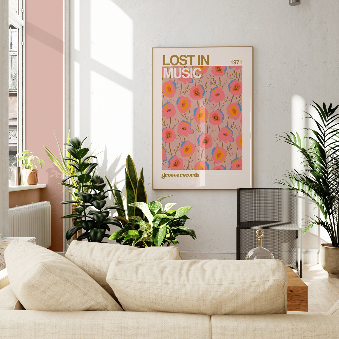 Lost in Music 1971 Groove Records Retro Pink Floral Vinyl Poster