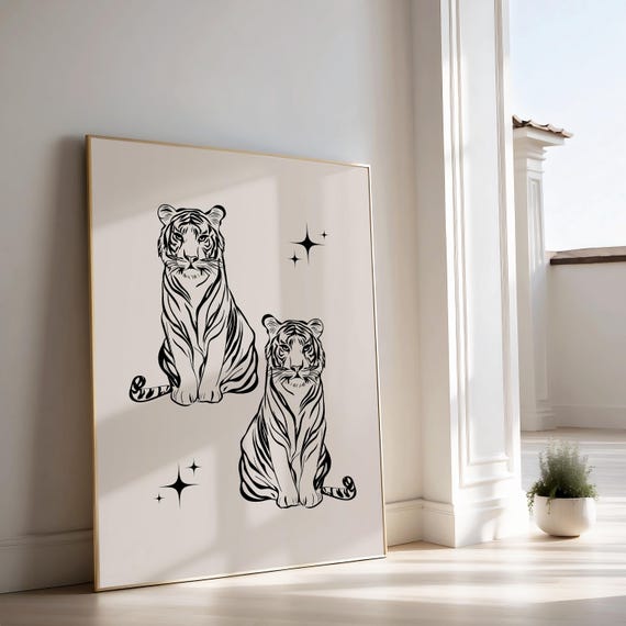 Two Tigers Black Line Art Poster with Sparkles Maximalist Decor