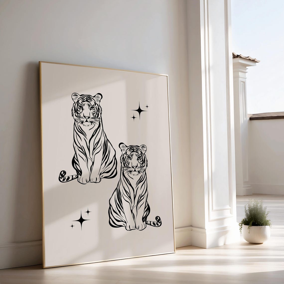 Two Tigers Black Line Art Poster with Sparkles Maximalist Decor