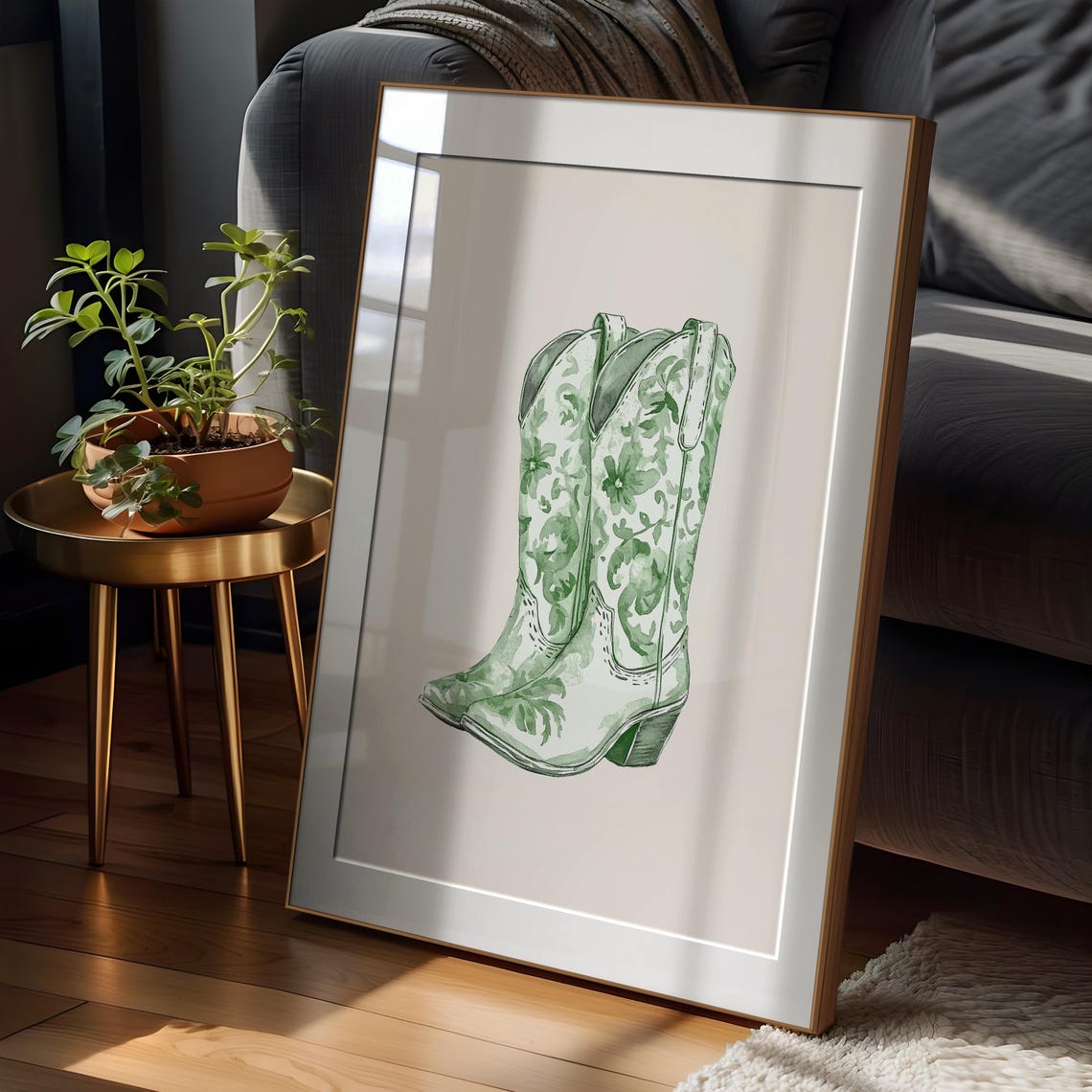 Chinoiserie Cowgirl Boot Print Sage Green Western Room Decor Cowgirl Wall Art Chinoiserie Wall Art Preppy Room Decor Trendy Green Print - Image 2