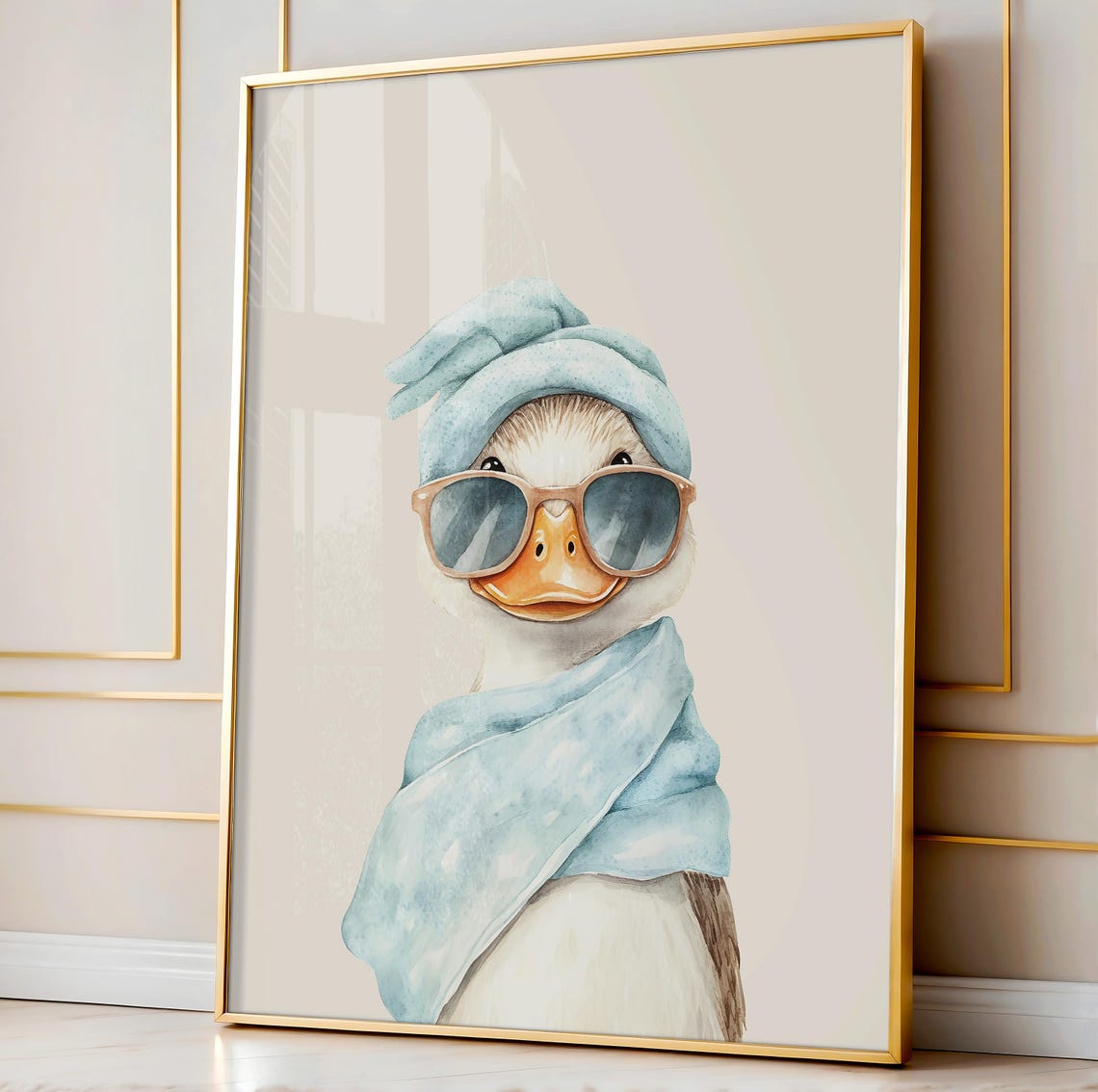 Duck in Towel Turban Sunglasses Cute Watercolor Nursery Poster - Image 2