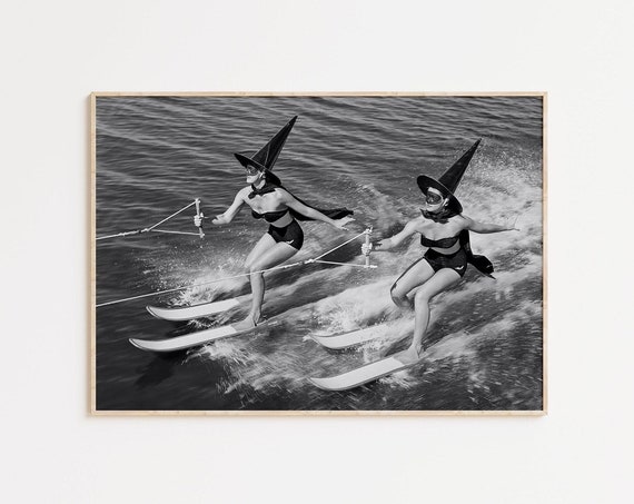 Witches Waterskiing Print Gothic Prints Vintage Halloween Photos Wall Decor Trendy Retro Dark Academia Art