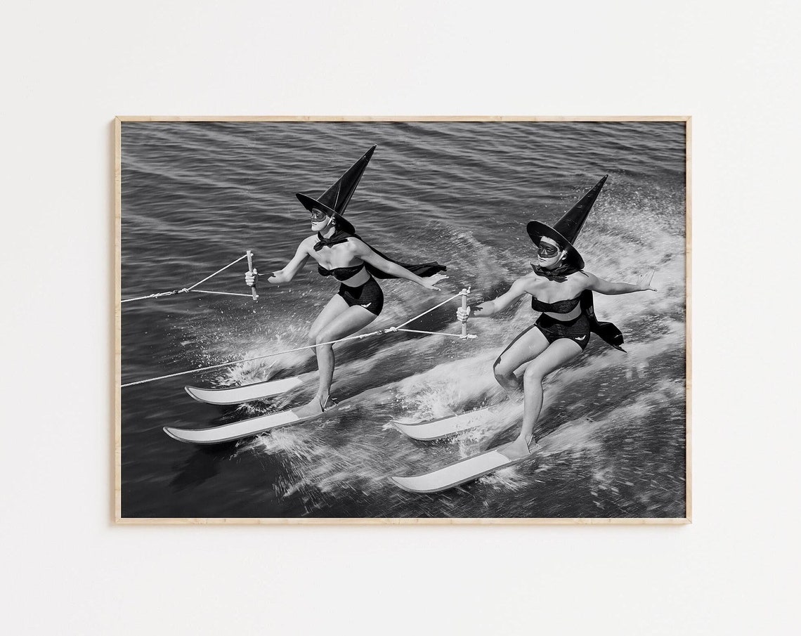 Witches Waterskiing Print Gothic Prints Vintage Halloween Photos Wall Decor Trendy Retro Dark Academia Art