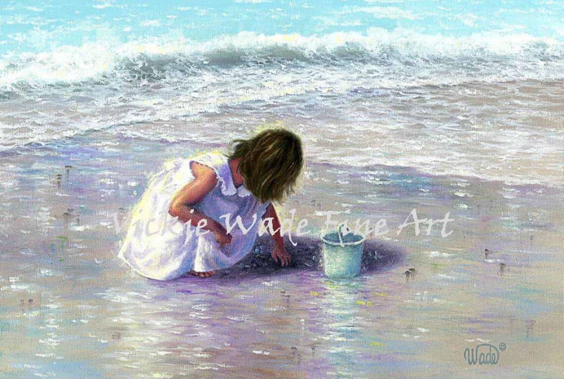 Little Girl in White Dress Gathering Shells at the Beach Poster