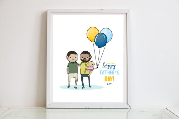 Happy Fathers Day Cartoon Dad Portrait With Balloons and Kids Poster
