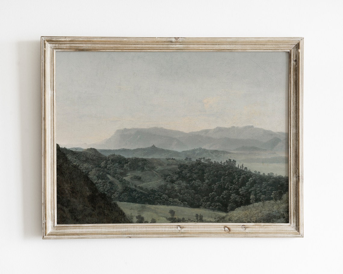 Neutral Green Wall Art Vintage Oil Painting Landscape Art Print Antique Mountain Valley Painting Cool Tone Landscape Painting