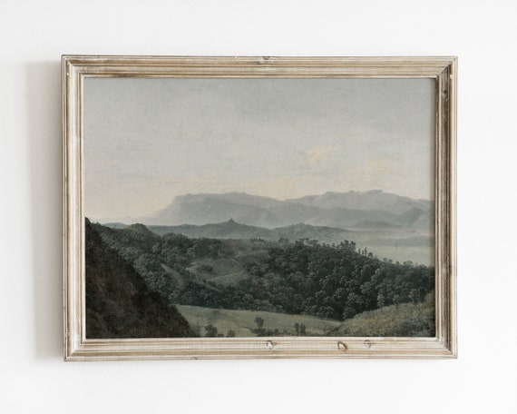Neutral Green Wall Art Vintage Oil Painting Landscape Art Print Antique Mountain Valley Painting Cool Tone Landscape Painting