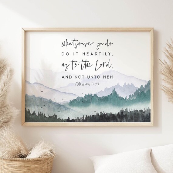 Colossians 3:23 Misty Mountain Forest Watercolor Scripture Poster