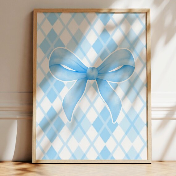 Blue Plaid Bow Coquette Watercolor Baby Blue Argyle Room Poster