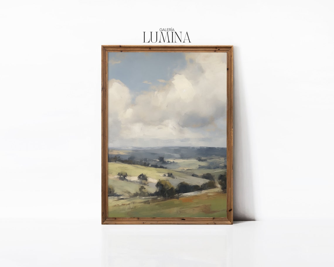 Summer Landscape Oil Painting Countryside Minimalist Landscape Print Rolling Hills And Cloudy Sky Art Art Frame Tv Art 192 - Image 3