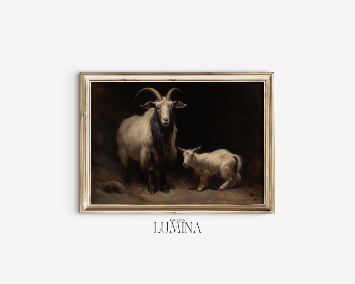 White Mother Goat with Kid Dark Rustic Animal Oil Painting Poster - Image 2