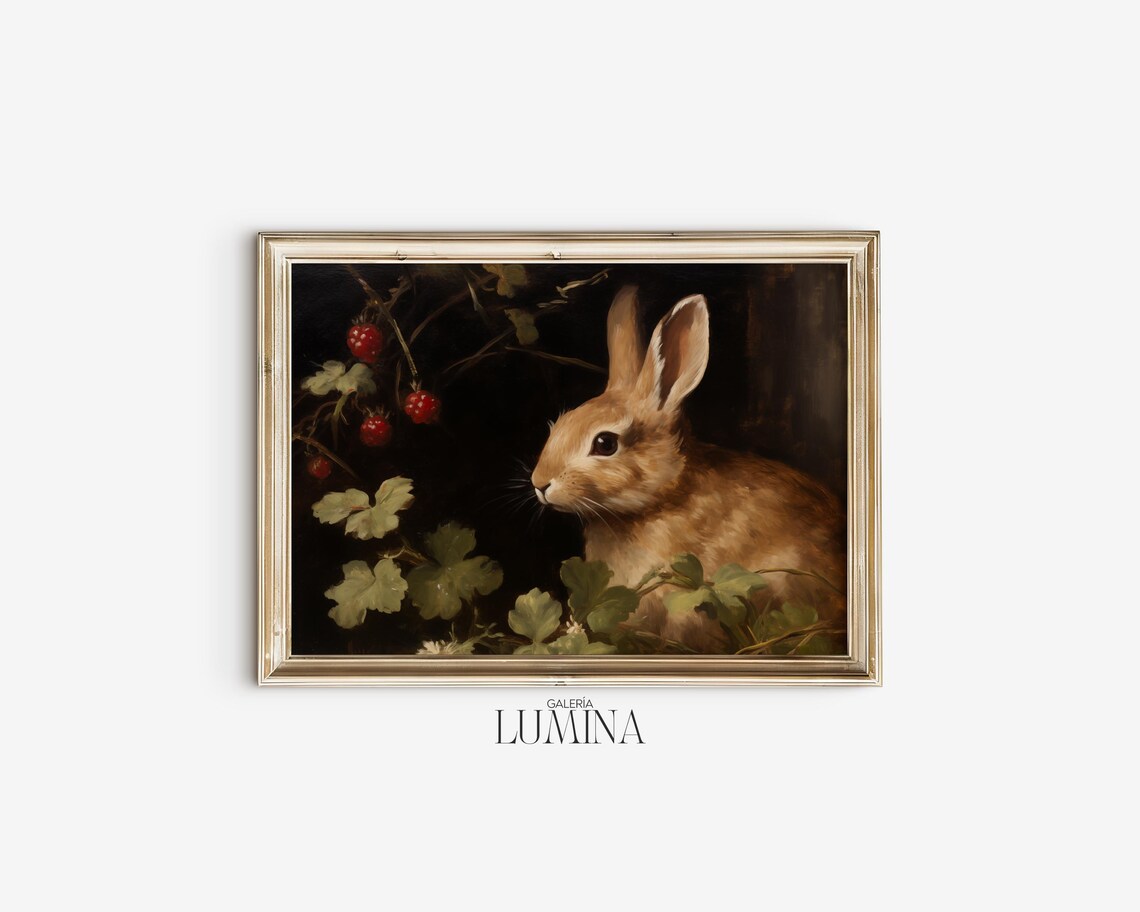 Cute Brown Bunny Oil Painting, Rustic Nursery Art Print - Image 2