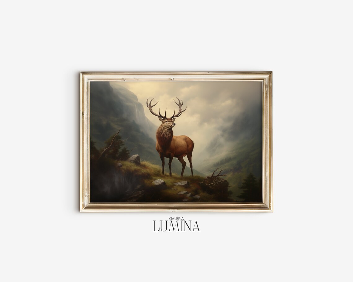 Majestic Red Deer Stag Misty Mountain Highlands Painting Poster - Image 2