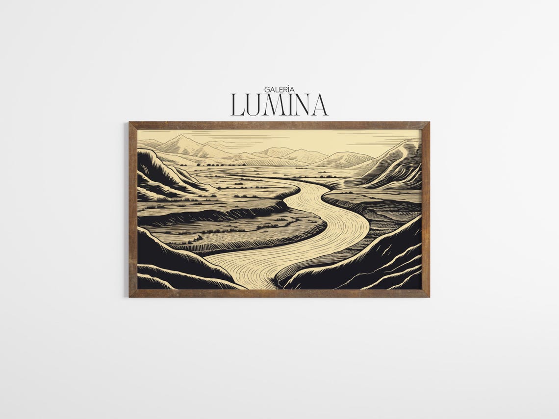 Monochrome Winding River Valley Woodcut Landscape Asian Art Poster - Image 3