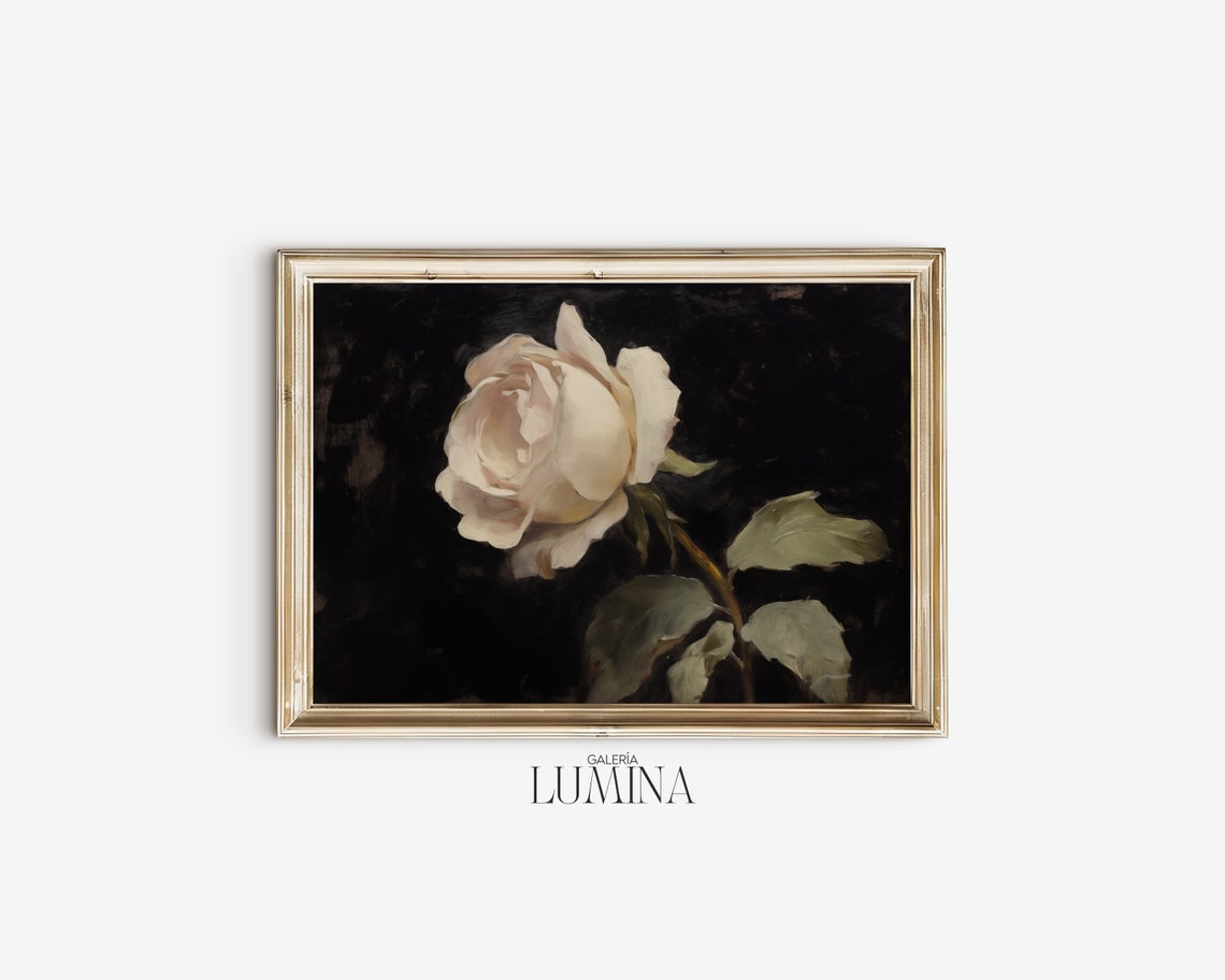 Vintage Moody White Rose Oil Painting Floral Still Life Painting Single Rose Painting Botanical Print Art Frame Tv Art 320 - Image 2