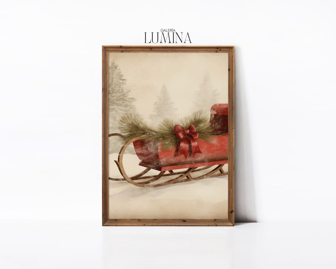 Red Christmas Sleigh With Pine Garland in a Snowy Forest Poster - Image 2