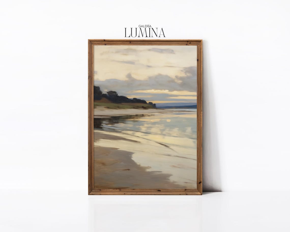 Vintage Tranquil Beach Shoreline Oil Painting Reflection Sea Poster - Image 2