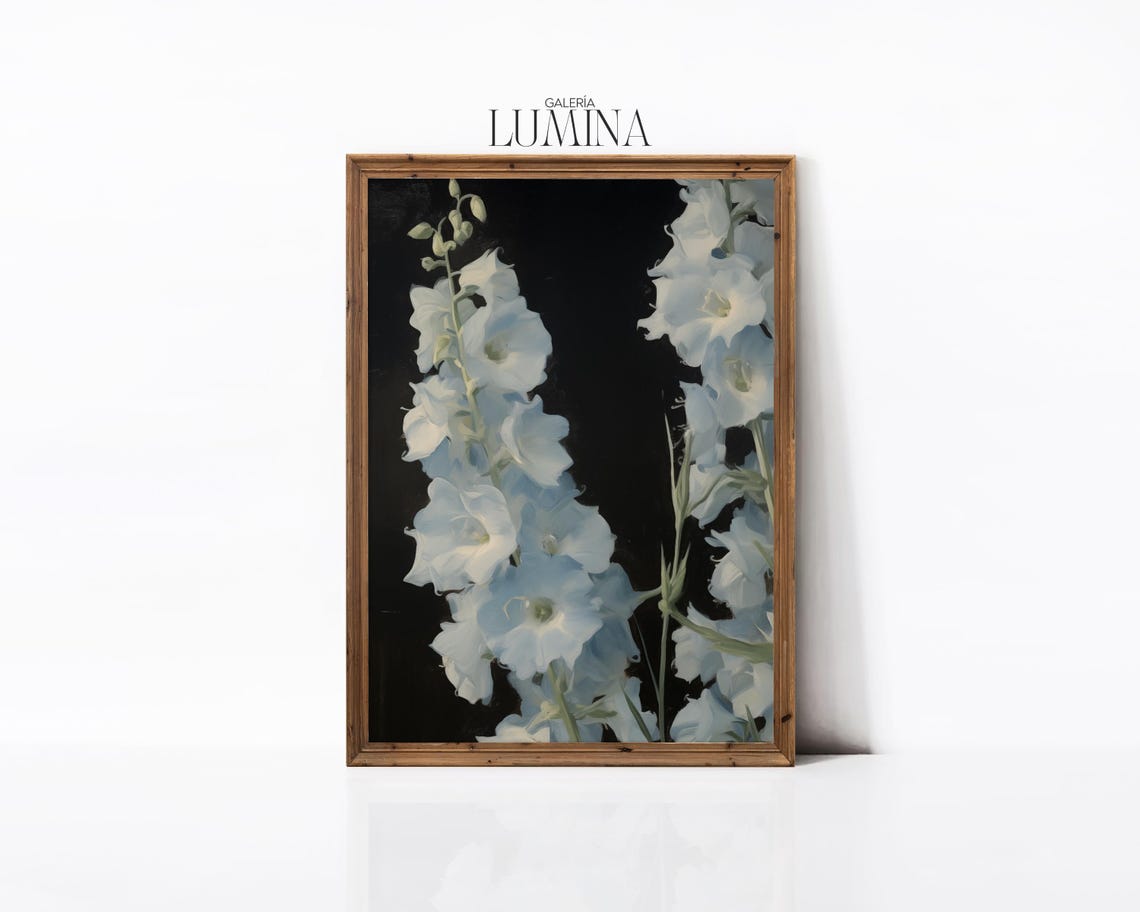 Pale Blue Delphinium Flowers on Black Moody Botanical Art Poster - Image 3